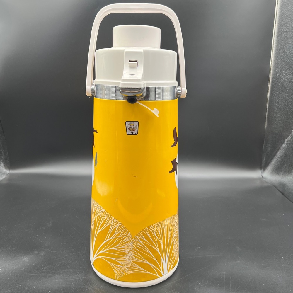 Vintage PIC Airpot Thermos Yellow Flying Geese Retro Coffee Carafe Dispenser
